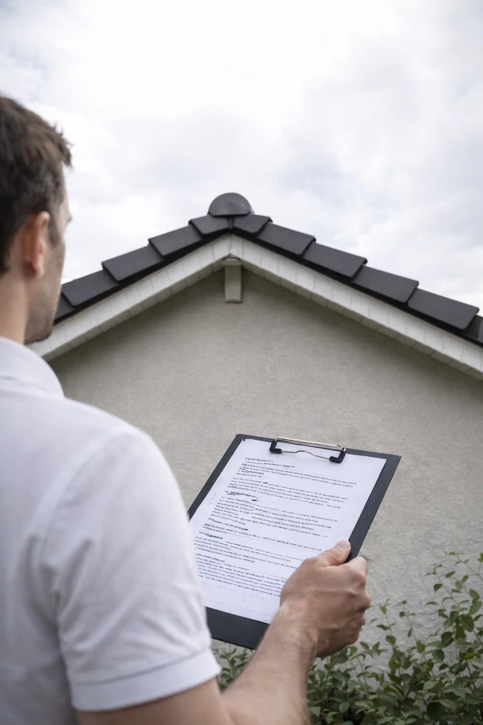 Immobilienprüfung an einem Dach mit Unterlagen